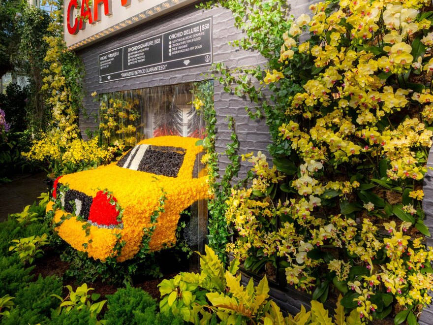 Mr. Flower Fantastic's installations pull from his childhood growing up in New York City — like this car wash. The taxi is made of both real and synthetic carnations.