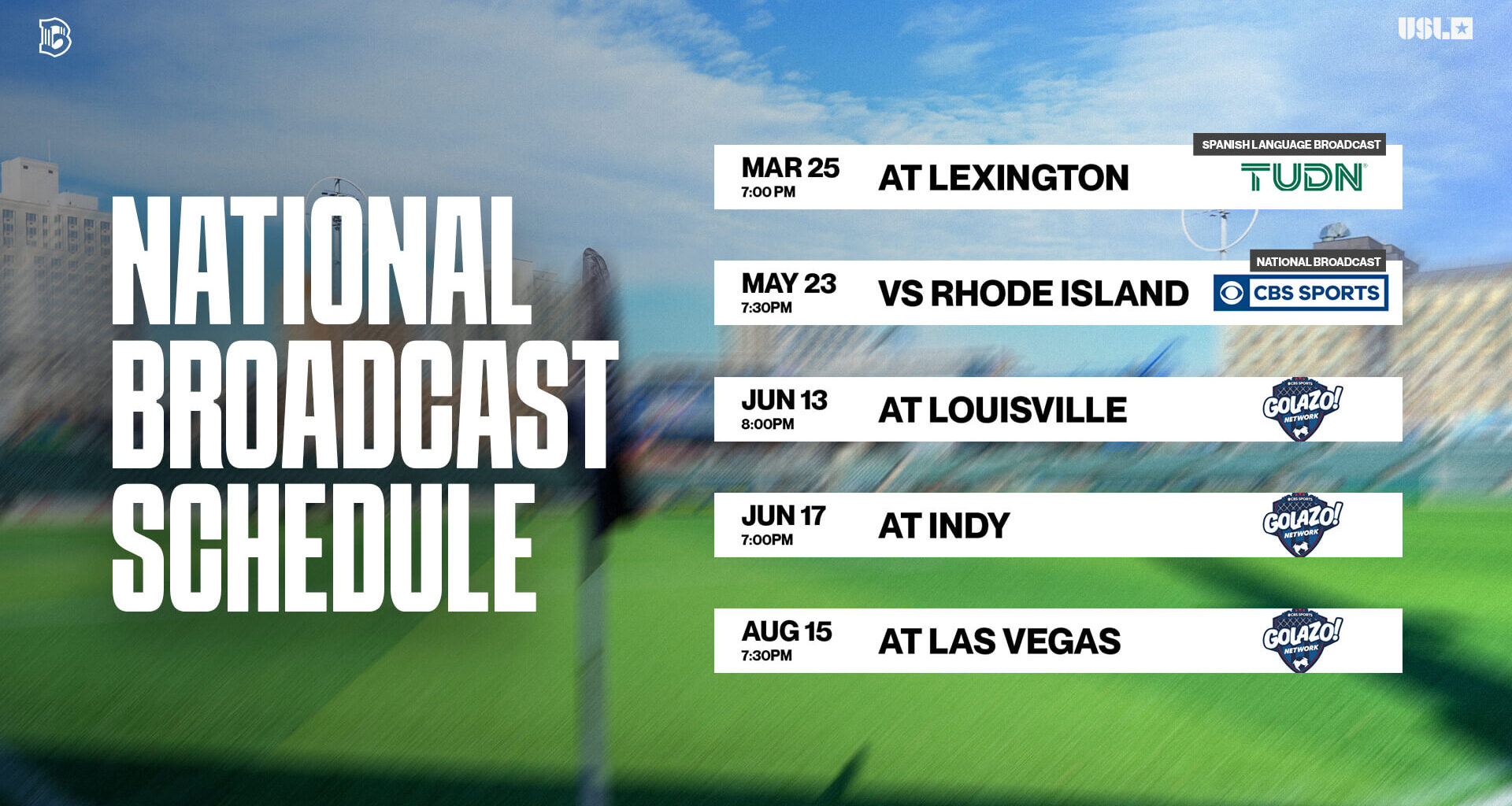 Graphic showing Brooklyn FC Men’s 2026 national broadcast schedule, including matches against Lexington SC, Rhode Island FC, Louisville City FC, Indy Eleven, and Las Vegas Lights FC