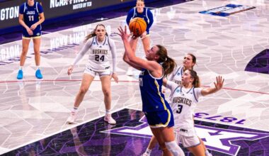 Players on the bench during a basketball game stand and celebrate action on the court