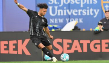 Jaden Servania of Brooklyn FC strikes the ball during a match at Maimonides Park.