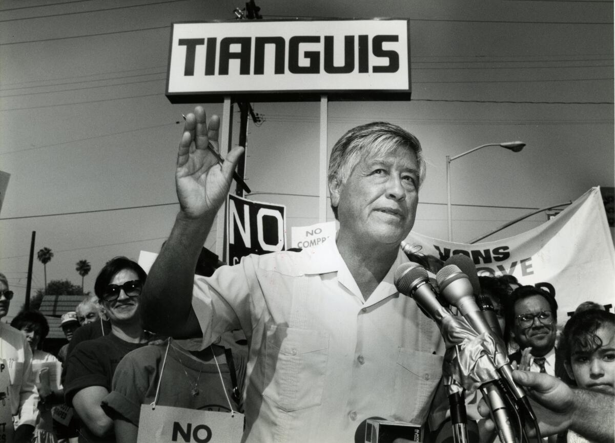 Cesar Chavez speaks at a rally to boycott Tianguis Market on Brooklyn Avenue.