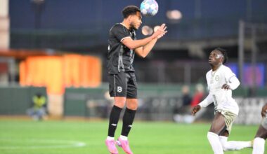 Brooklyn FC defender Thomas Vancaeyezeele jumps to head the ball during a match against Hartford Athletic at Maimonides Park.