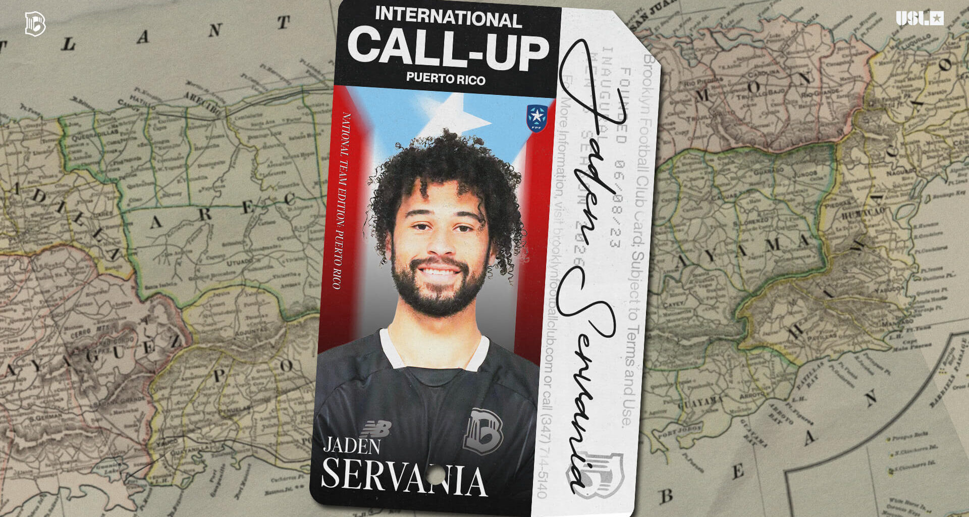 Graphic showing Brooklyn FC midfielder Jaden Servania after being called up to the Puerto Rico National Team, with a Puerto Rico map background and international call-up card design.