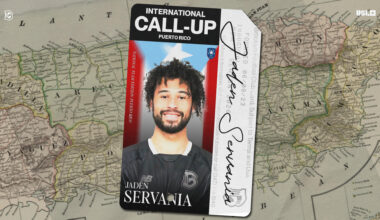 Graphic showing Brooklyn FC midfielder Jaden Servania after being called up to the Puerto Rico National Team, with a Puerto Rico map background and international call-up card design.
