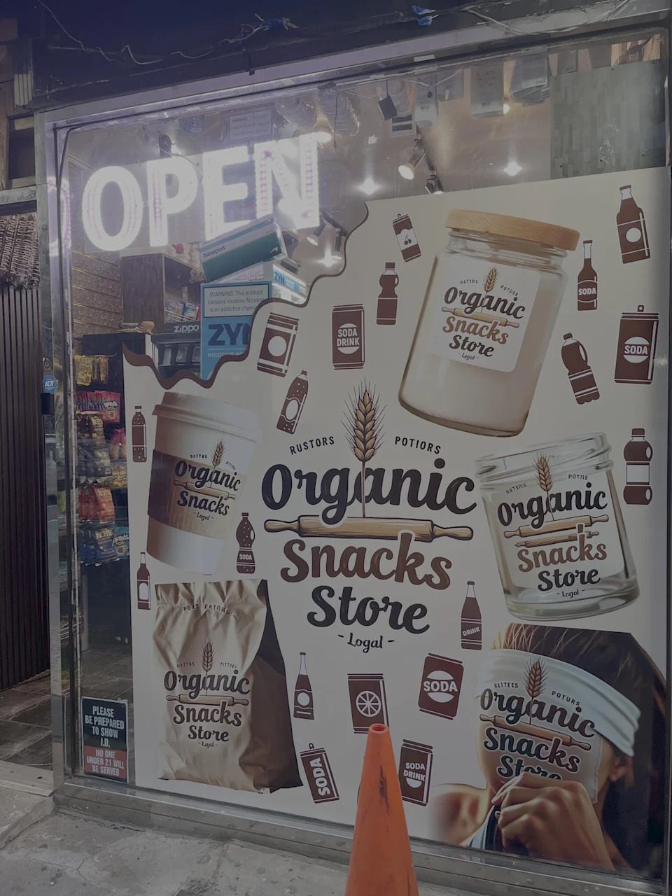 A bodega window with a stick-and-paste ad featuring badly hallucinated imagery and text copy.