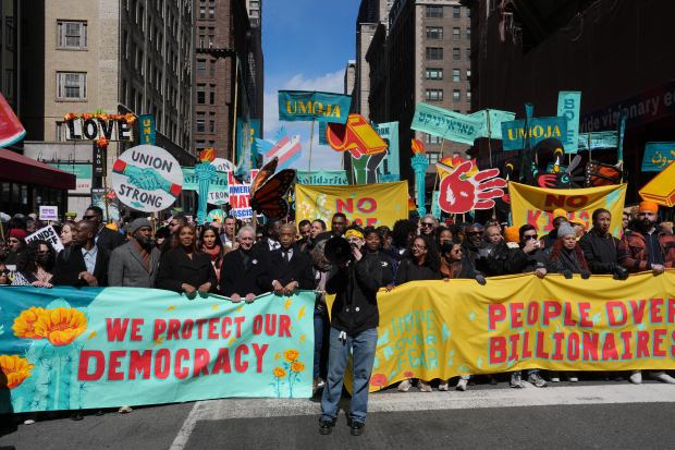 From left, New York Attorney General Letitia James, actor Robert Di Niro and Rev. Al Sharpton join a "No Kings" protest Saturday, March 28, 2026, in New York. (AP Photo/Adam Gray)