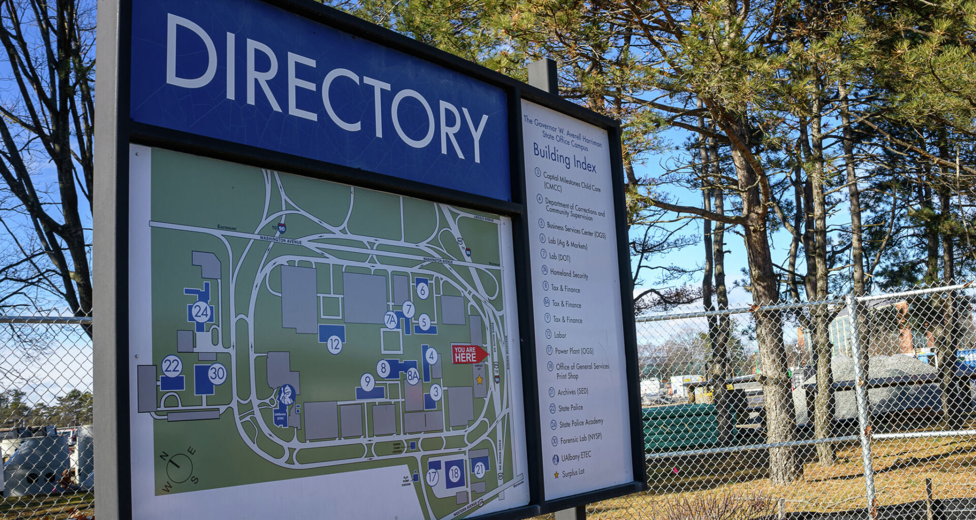 A directory for the W. Averell Harriman State Office Campus in Albany.