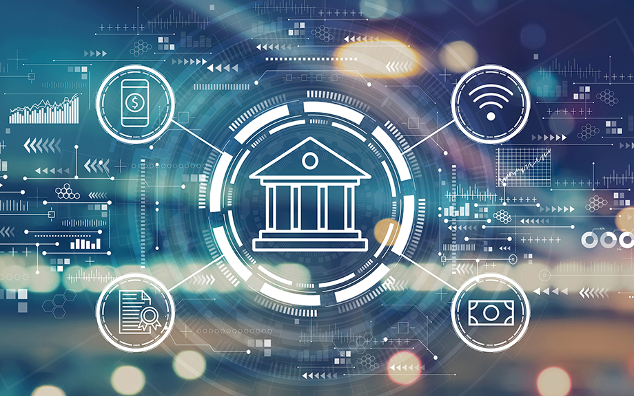 Online banking concept with blurred city abstract lights background