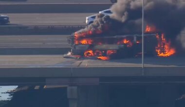 NJ Transit bus on fire on Turnpike near Newark Airport; crews working to put out flames