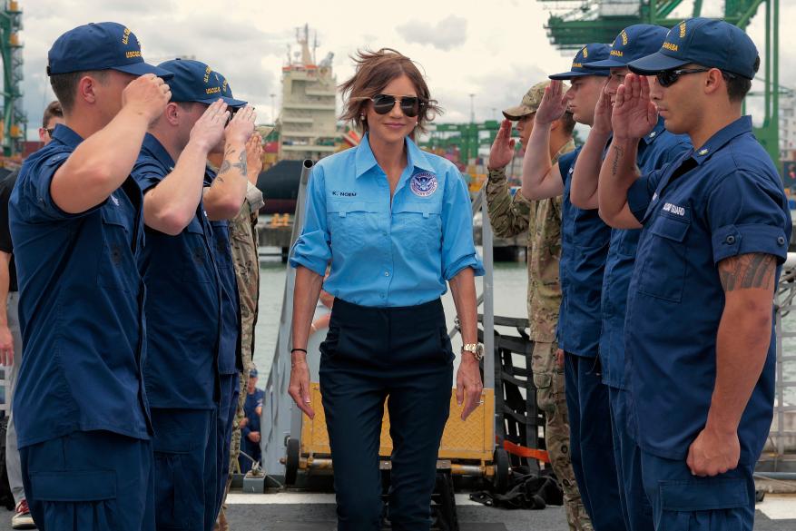 Noem boards the US Coast Guard Cutter Escanaba for a meeting on drug interdiction on June 24, 2025 in Panama City.