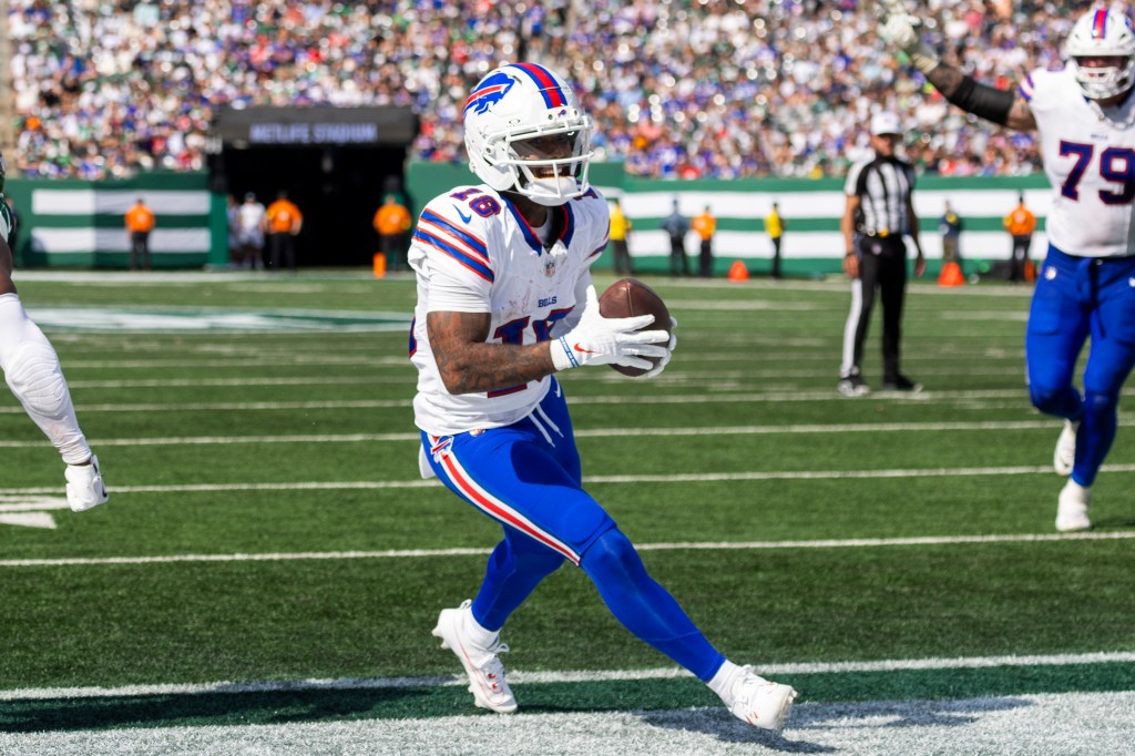 Buffalo Bills wide receiver Elijah Moore (18) scores a touchdown during the second half against the New York Jets at MetLife Stadium, Sunday, Sept. 14, 2025, in East Rutherford, New Jersey.