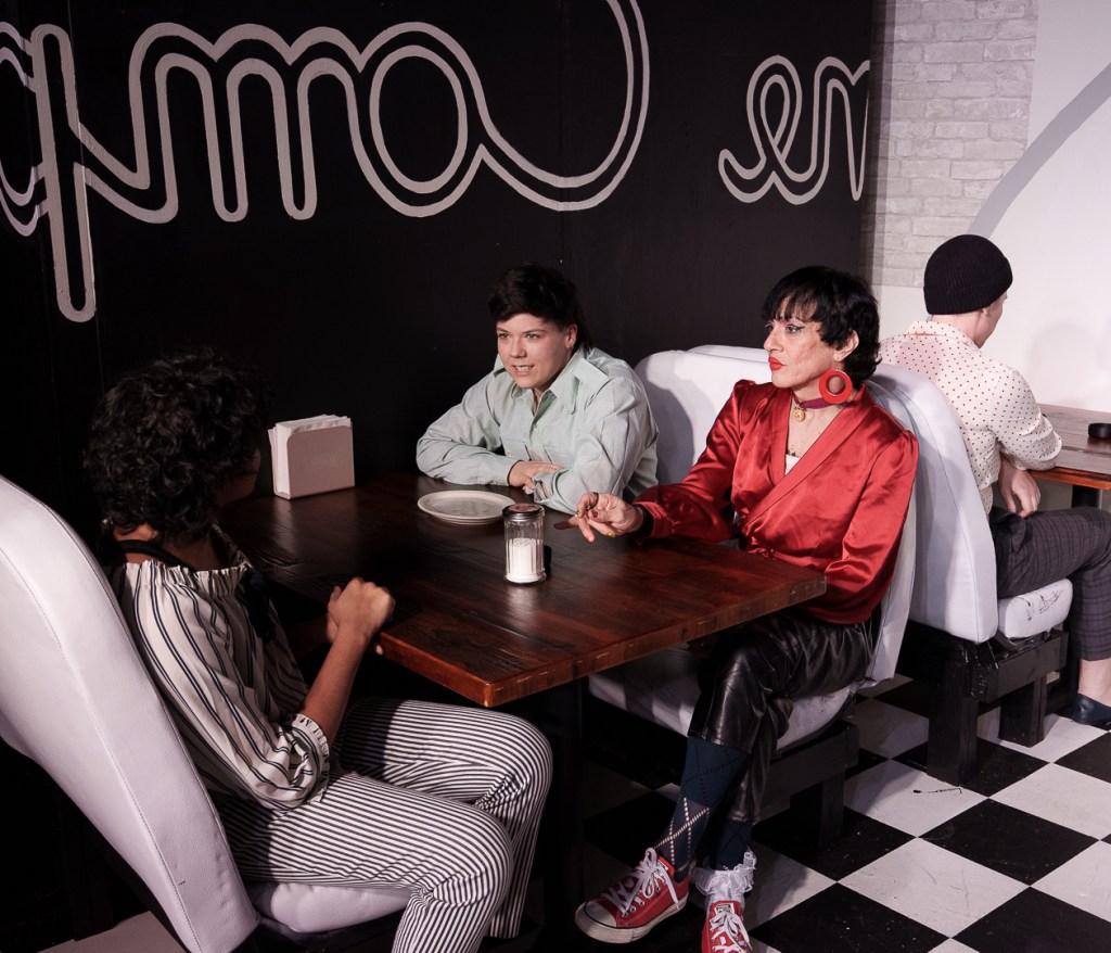 Conversation at Compton's: From left, Bryn Bollimpalli, Cosmo Reynolds, Nineveh de La Luz Herrera, and Ethan Fieder in Riot Queens. Photo: Gregory Parkinson
