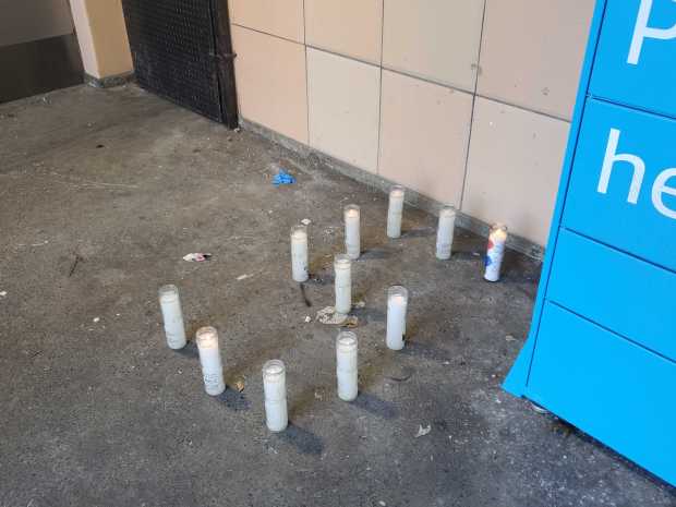 A memorial for Ka'mardre Coleman, 16, in the shape of a 5, his jersey number, outside the Sheepshead Bay Houses on Avenue X in Brooklyn. (Nicholas Williams / New York Daily News)
