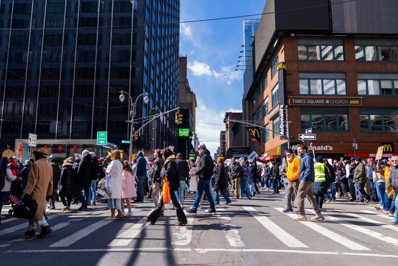 Thousands marched in the No Kings Day protest from Central Park South to 33rd Street in Manhattan on Saturday, March 28, 2026. Photo by Allison Hunter for The Haitian Times.
