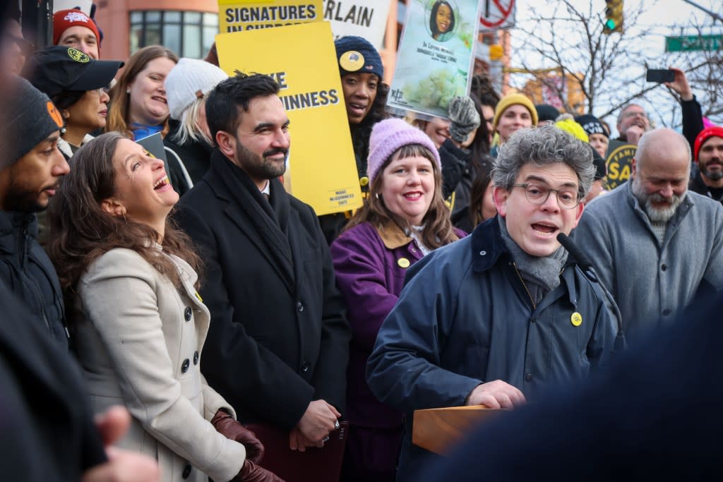 NYC Councilman Lincoln Restler (D-Brooklyn) speaking at January rally with NYC Mayor Zohran Mamdani (third from left) and other far lefties looking on. Micheal Nagle for NY Post