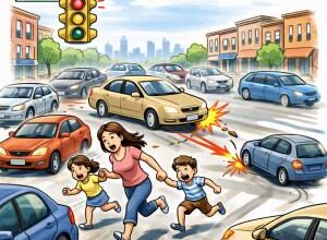 Family crossing an intersection