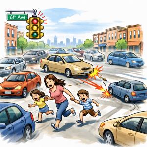 Family crossing an intersection