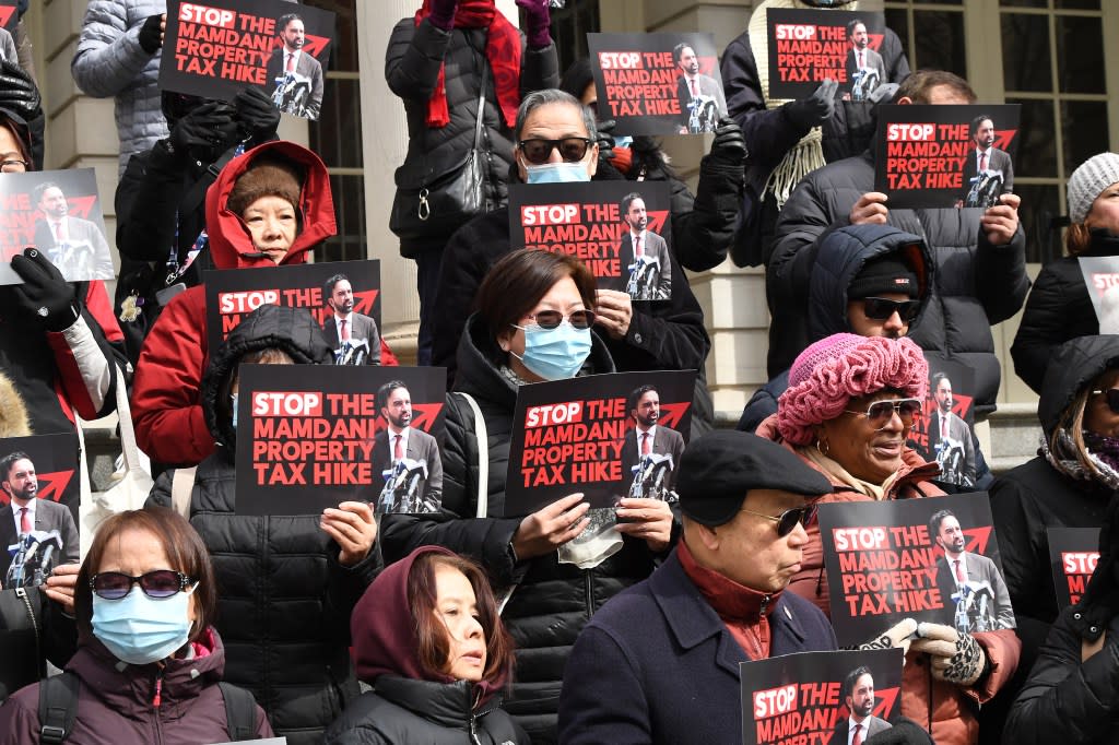 People protesting Mamdani’s plans to hike property taxes to fund his city budget outside of City Hall on March 2, 2026. Matthew McDermott for NY Post