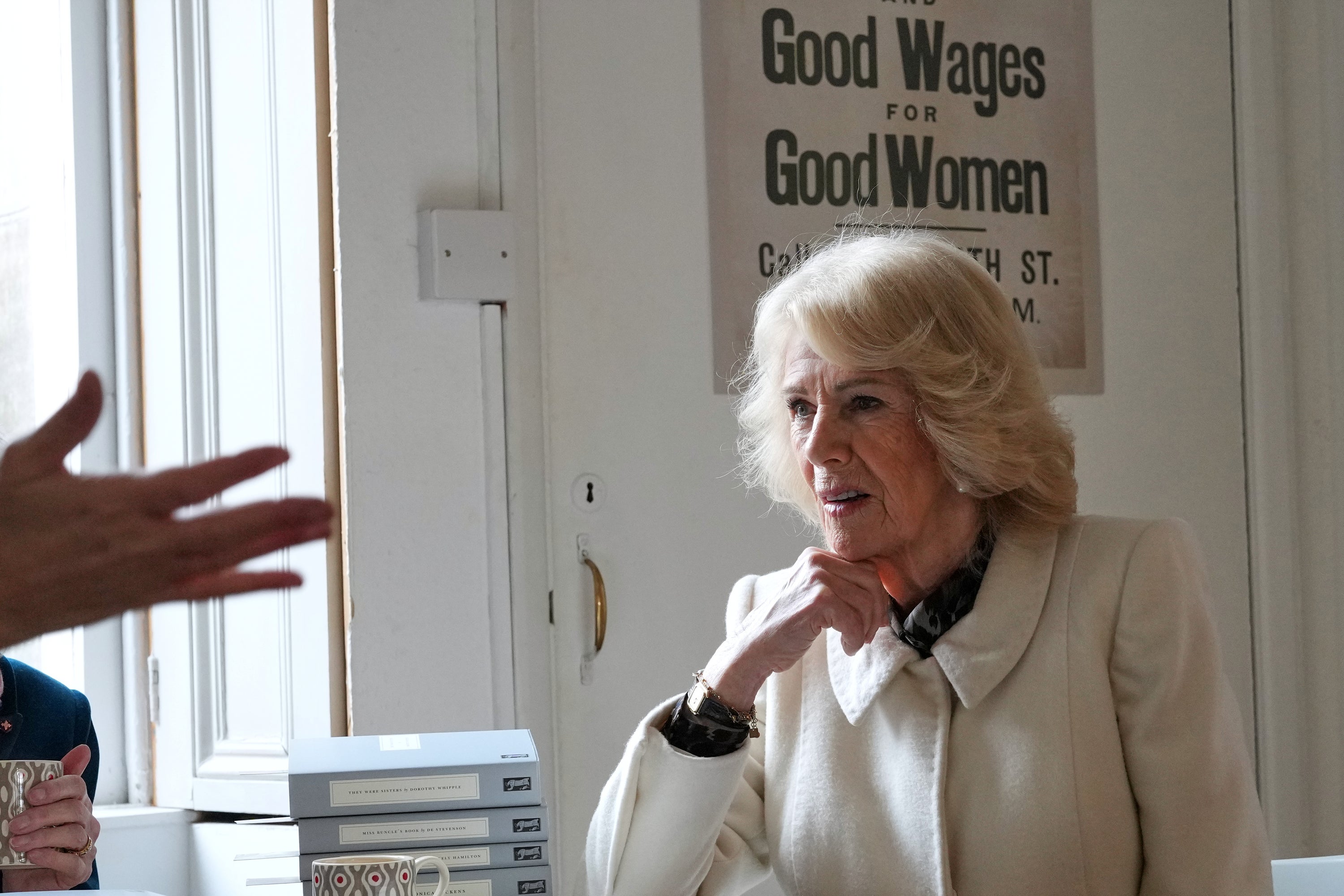 Queen Camilla during a visit to Persephone Books, an independent publisher and bookshop founded in 1999, in Bath
