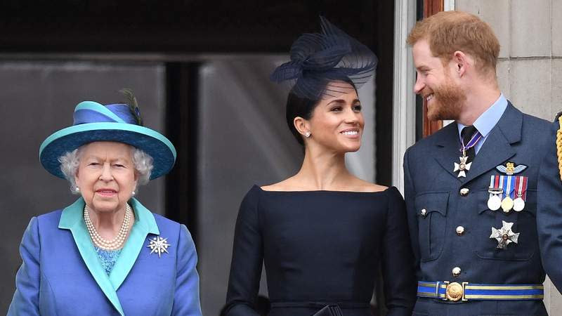 Queen Elizabeth II, Meghan Markle and Prince Harry watch the RAF100 flypast in 2018. By: James Whatling/MEGA
