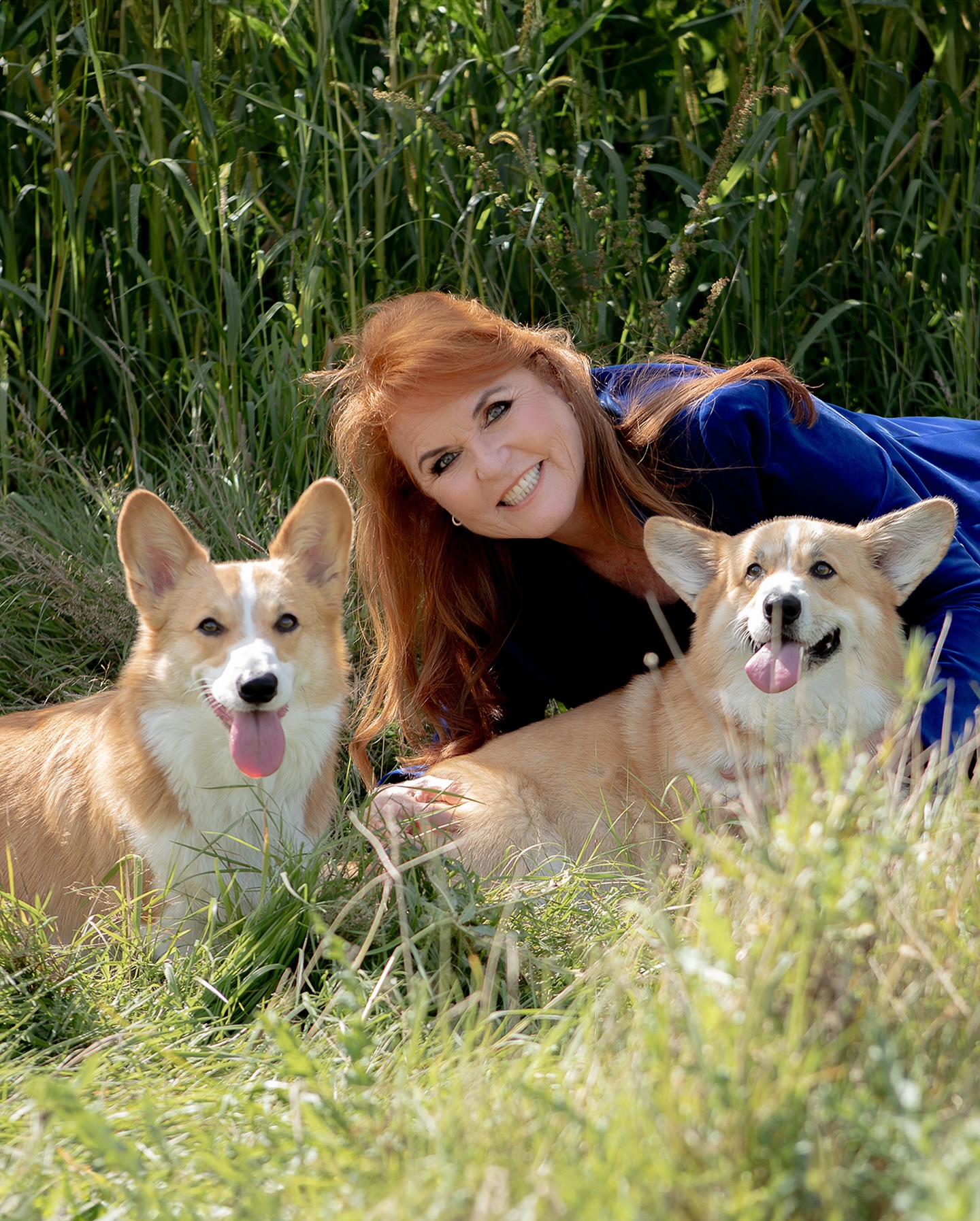 Sarah Ferguson and the Queen's corgis posing in a field