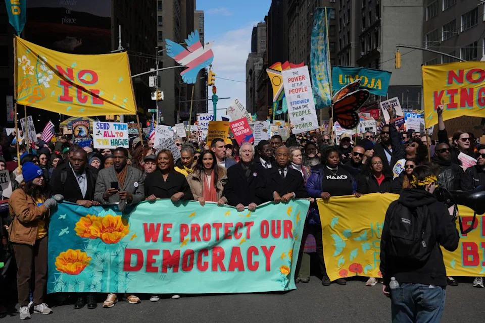From left, New York Attorney General Letitia James, actor Robert Di Niro and Rev. Al Sharpton take part in a “No Kings” protest Saturday, March 28, 2026, in New York. (AP Photo/Adam Gray)