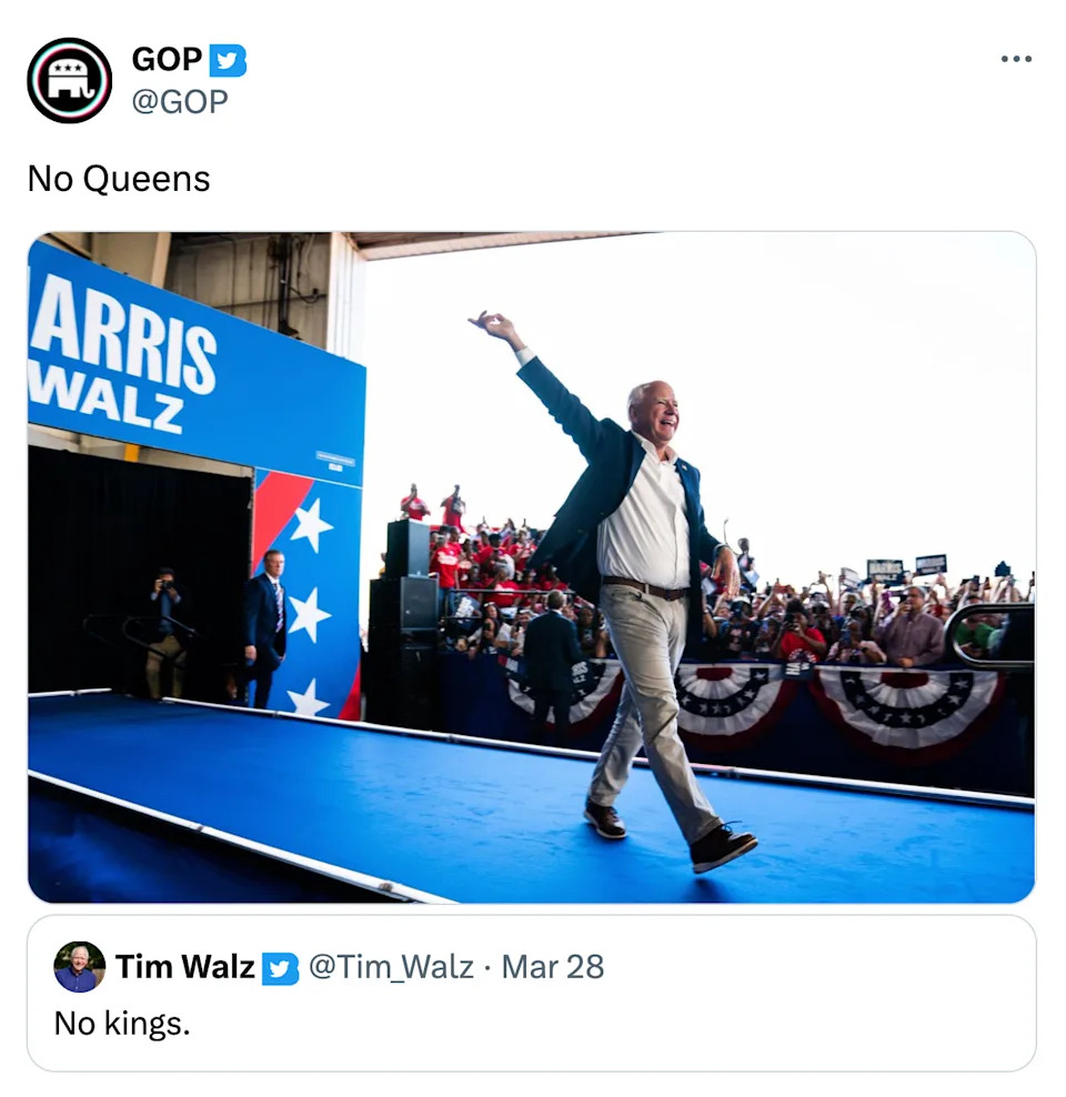 Tweet that reads, "No Queens," with a photo of Tim Walz waving at the crowd.