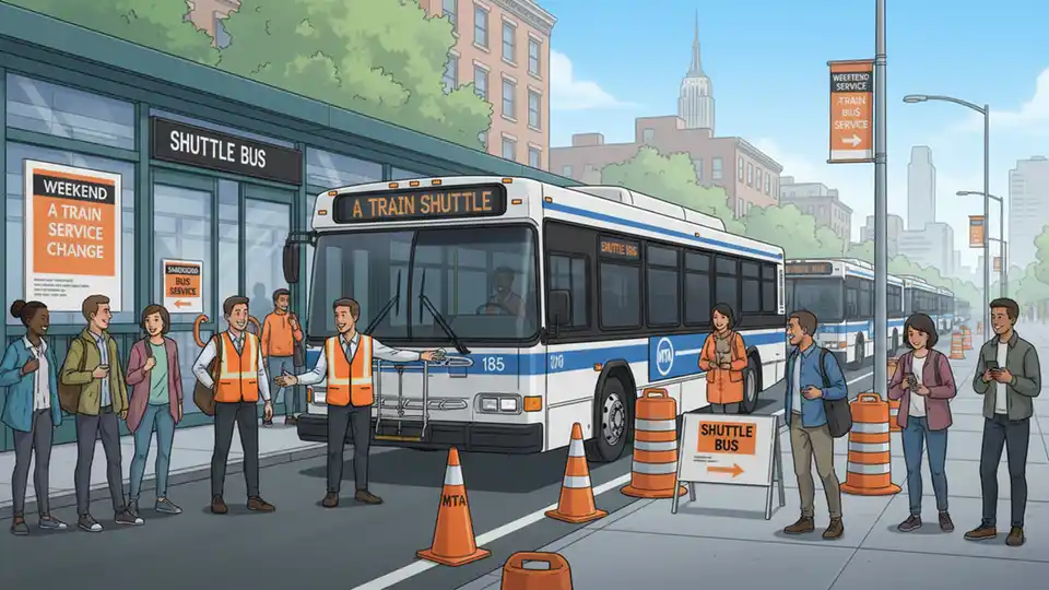 MTA shuttle bus at subway station stop providing alternative service during weekend maintenance