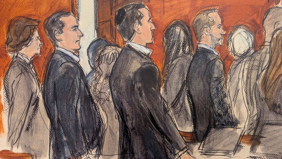 In this courtroom sketch, Alon Alexander, second from left, Oren Alexander, center, and Tal Alexander, watch the jury file out of the courtroom after the verdict was read in Manhattan federal court, Monday, March 9, 2026, in New York. (Elizabeth Williams via AP)