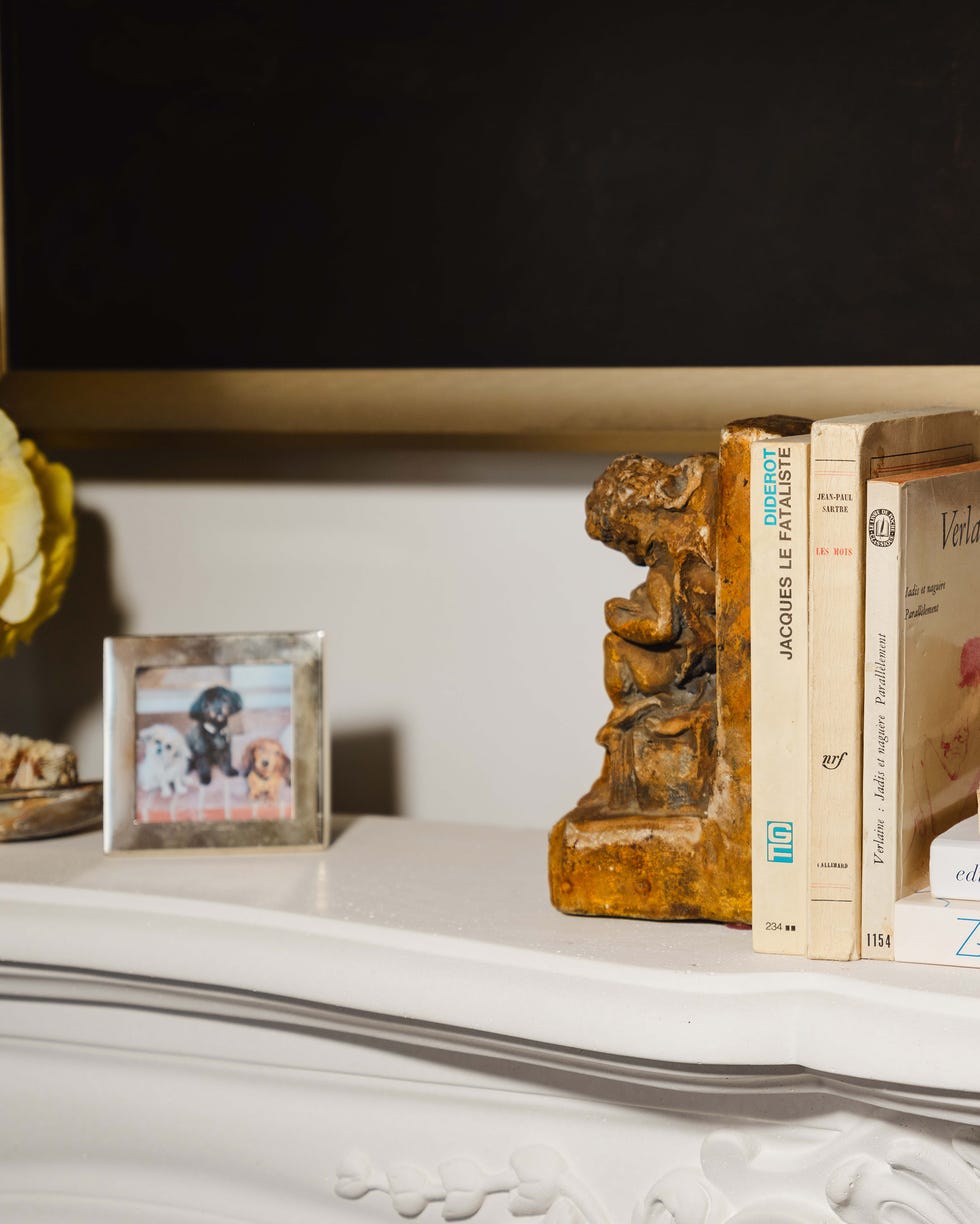 Books, a decorative statue, and a photo frame on a shelf.