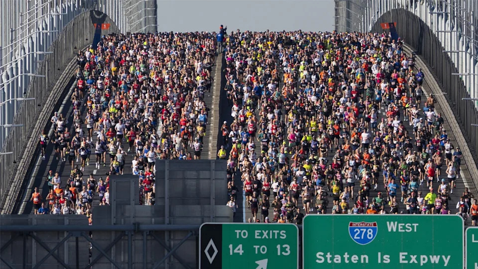 <div>NEW YORK, NEW YORK - NOVEMBER 03: In this aerial view, runners compete as they cross over the Verrazzano-Narrows Bridge during the 2024 TCS New York City Marathon on November 03, 2024 in New York City. (Photo by Craig T Fruchtman/Getty Images)</div><strong>(NEW YORK, NEW YORK - NOVEMBER 03: In this aerial view, runners compete as they cross over the Verrazzano-Narrows Bridge during the 2024 TCS New York City Marathon on November 03, 2024 in New York City. (Photo by Craig T Fruchtman/Getty Images))</strong>