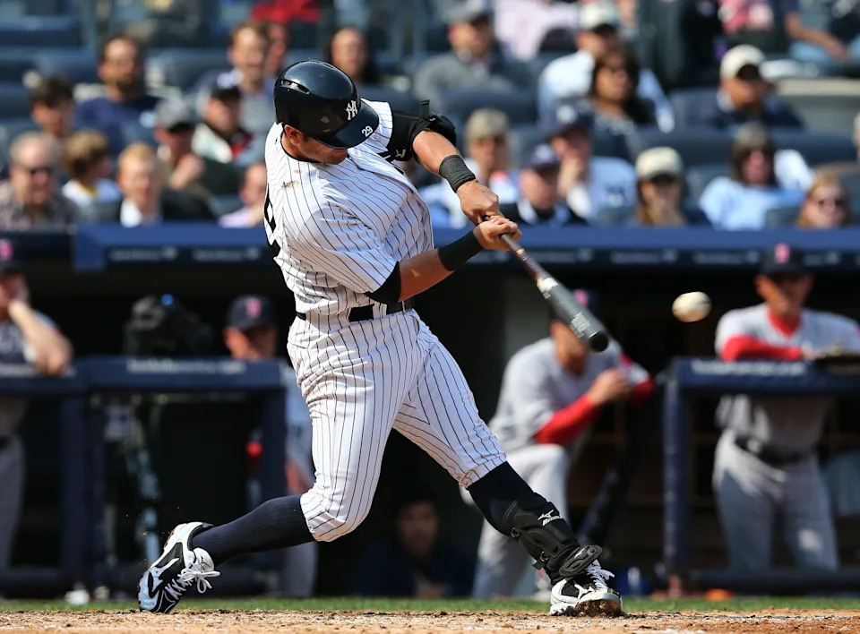 Francisco Cervelli #29 of the New York Yankees hits a two-RBI single.
