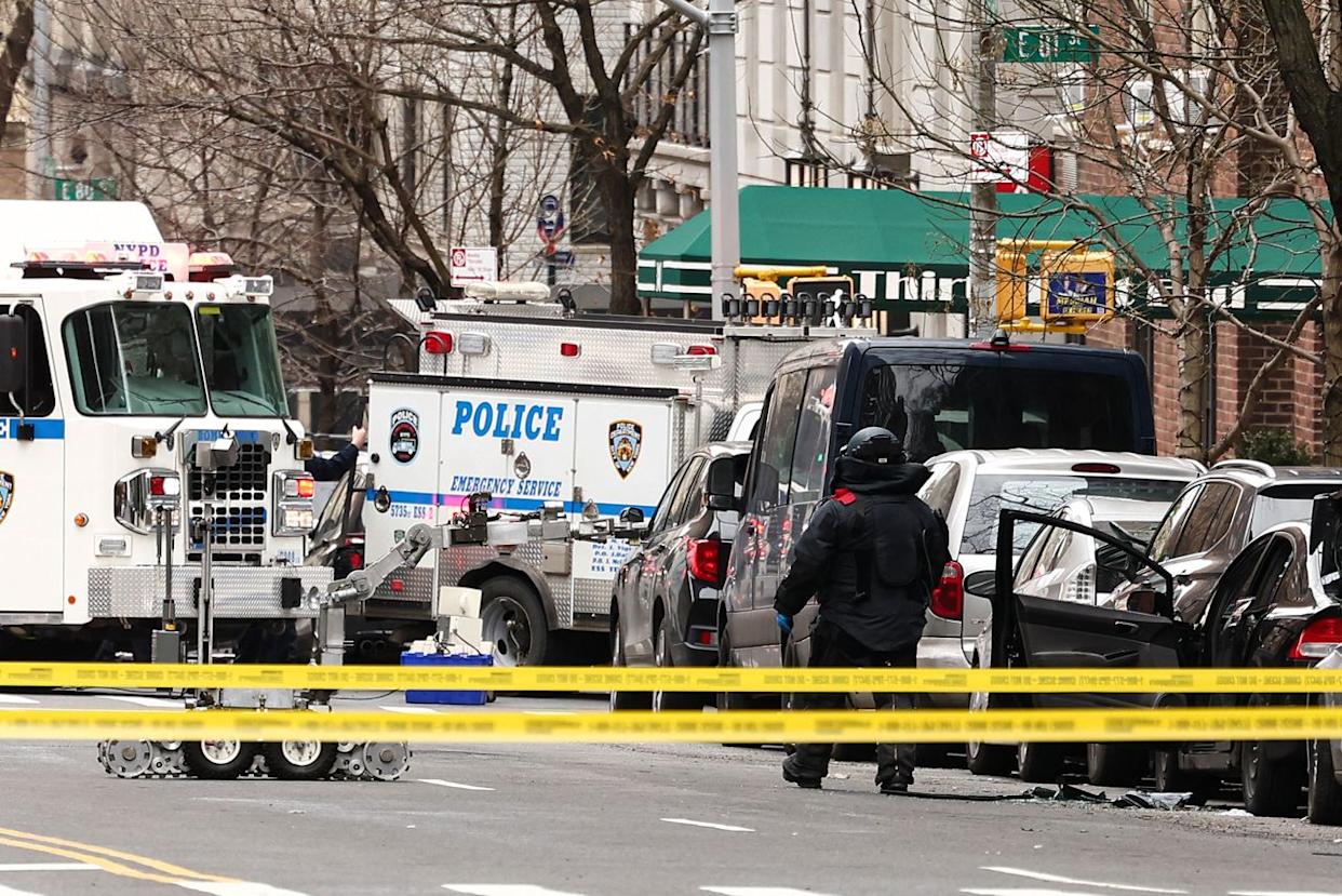 An NYPD officer wearing an Explosive Ordnance Disposal (EOD) suit on March 8, 2026Credit: CHARLY TRIBALLEAU / AFP via Getty