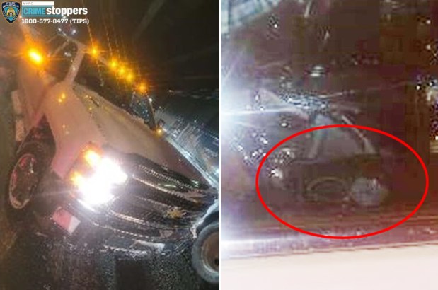 A man driving a large pickup truck (pictured left) allegedly threatened a Bronx couple with a pistol (circled at right) in a spat over a parking spot as the pair shoveled out their car following January's massive snowstorm. (NYPD)