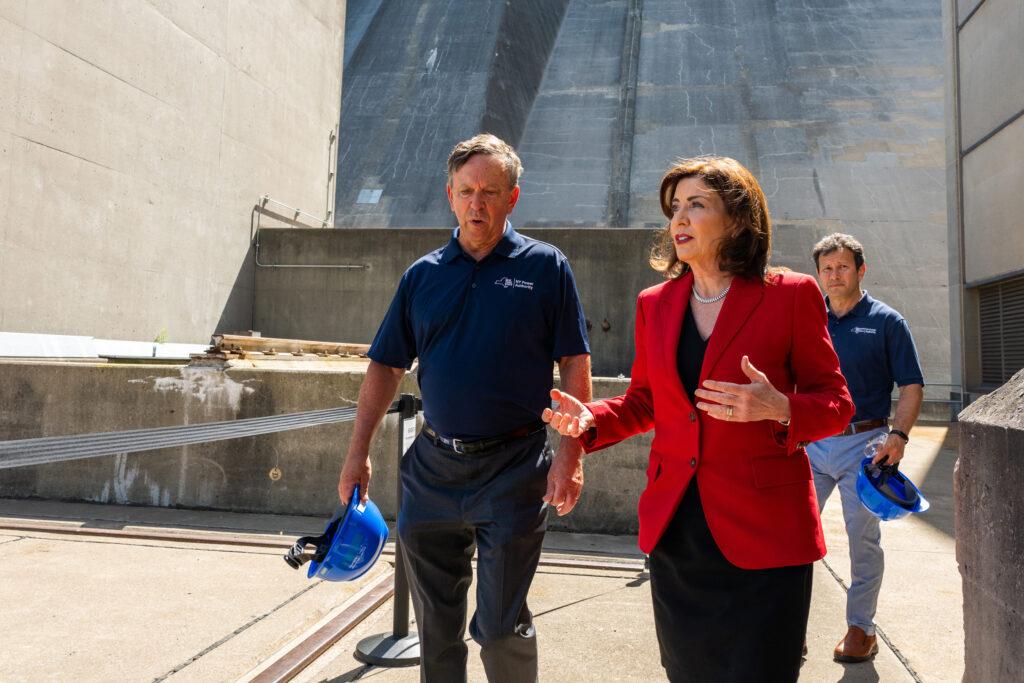 Gov. Kathy Hochul makes an announcement at the Niagara Power Project on June 23, 2025, directing the New York Power Authority to construct an advanced nuclear power plant upstate. Credit: Darren McGee/Office of Governor Kathy Hochul