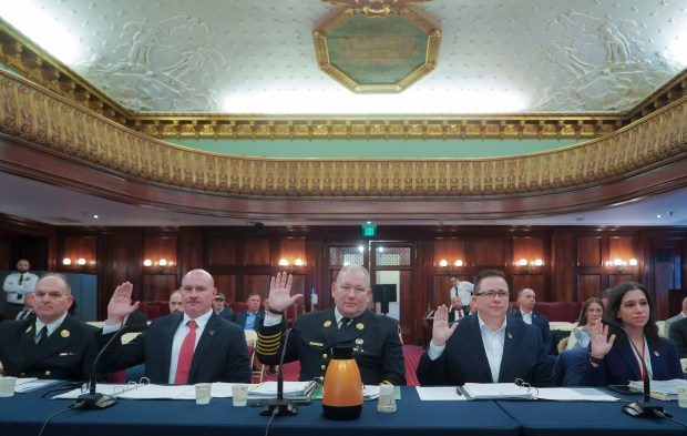 FDNY leadership is sworn in before a City Council hearing on Friday, March 13, 2026, at City Hall. (Gerardo Romo / NYC Council Media Unit)