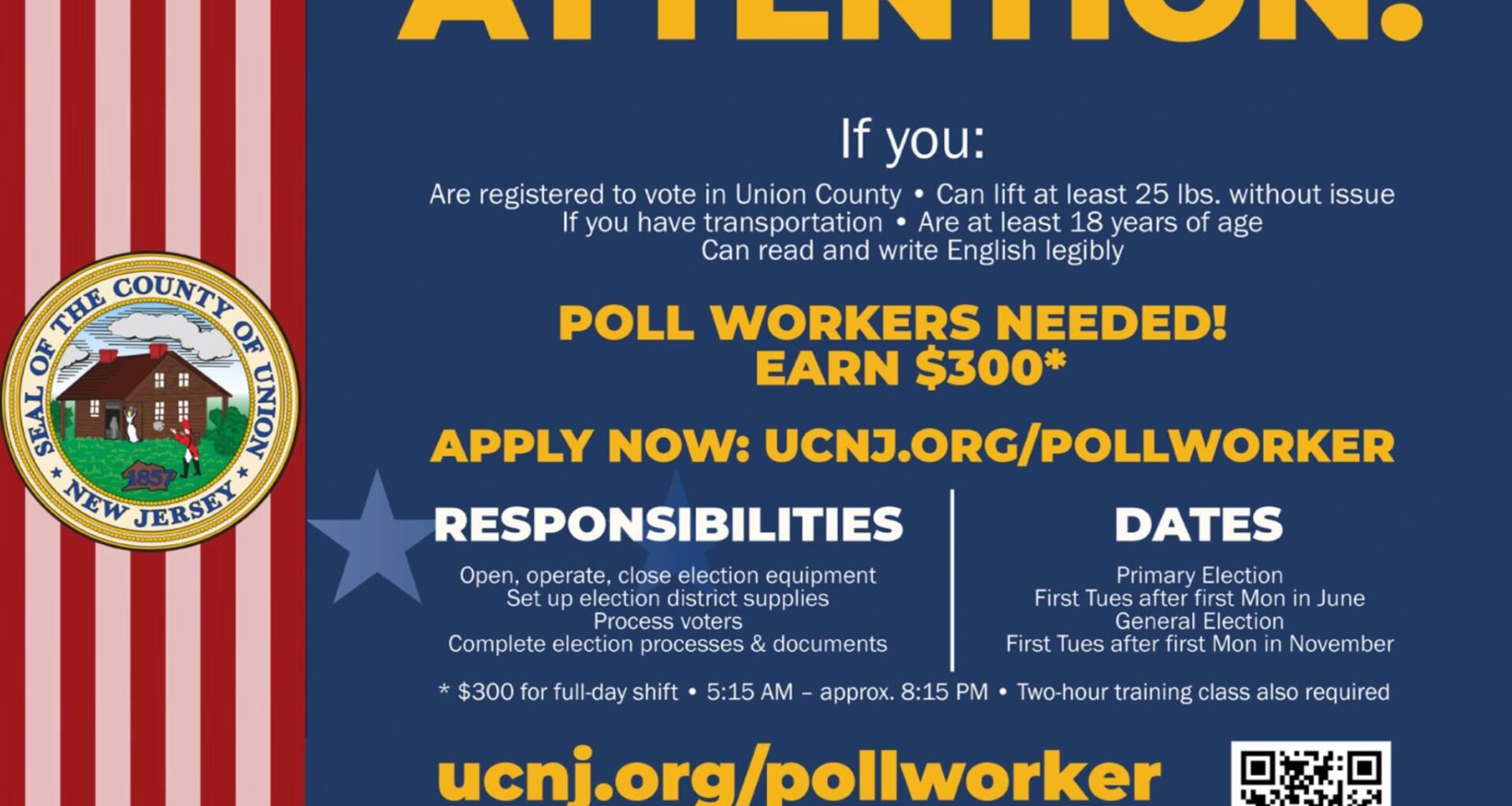 Apply to Serve as a Poll Worker – Earn $300 on Election Day – County of Union, New Jersey