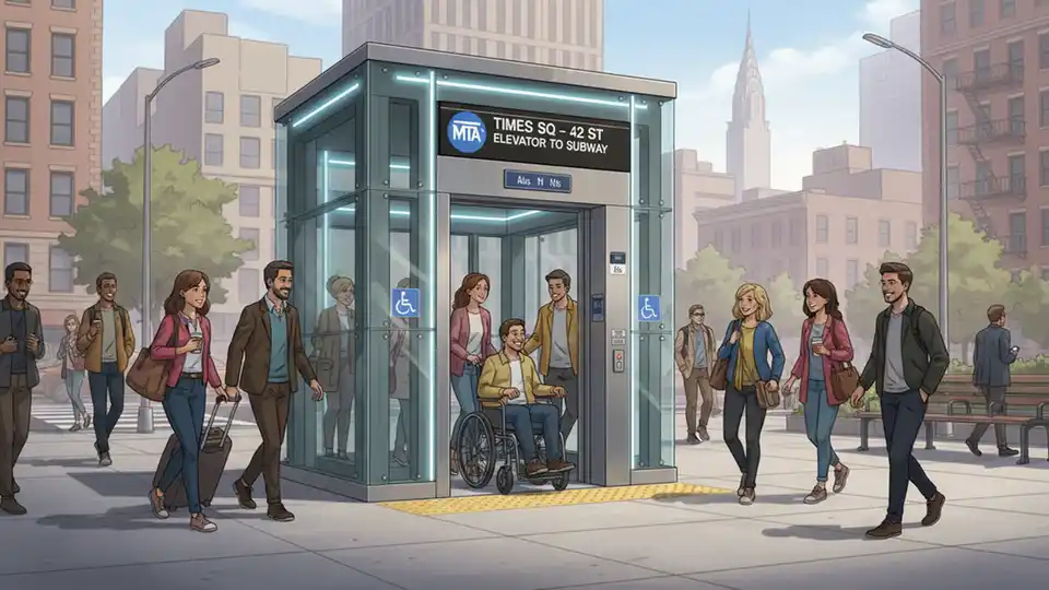 Exterior view of subway elevator entrance at busy Manhattan station with riders entering and exiting, showing updated signage and accessibility symbols