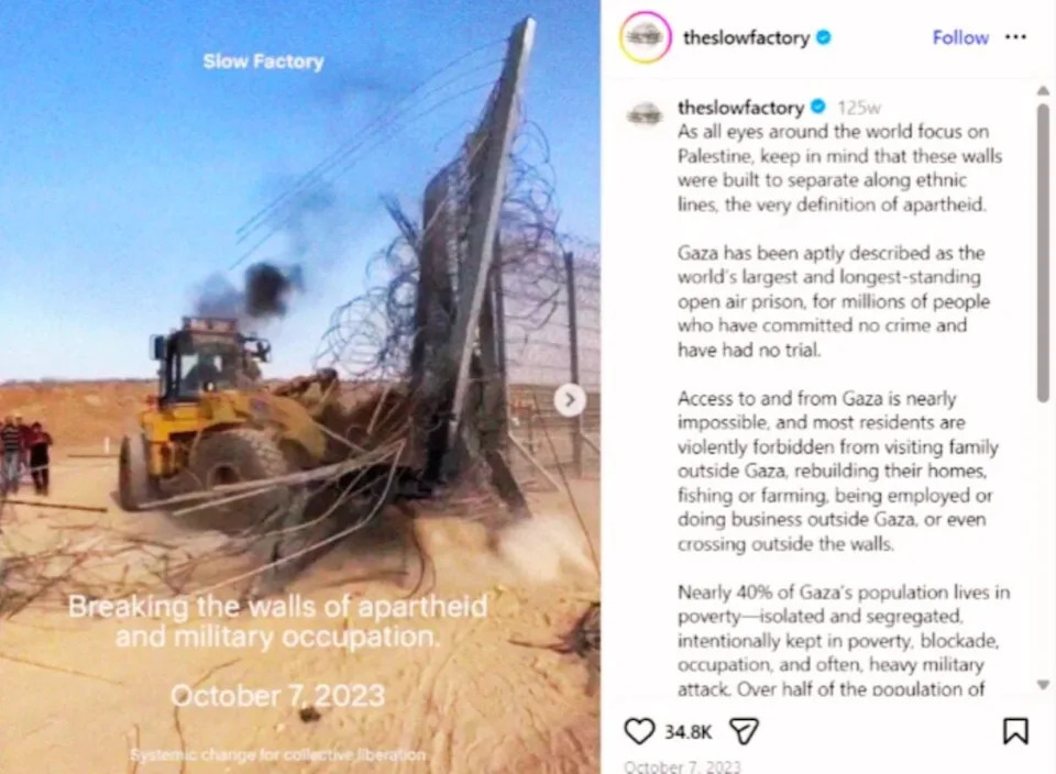 One of the Oct. 7 posts at the center of the first round of scrutiny. Credit: Screenshot via Instagram