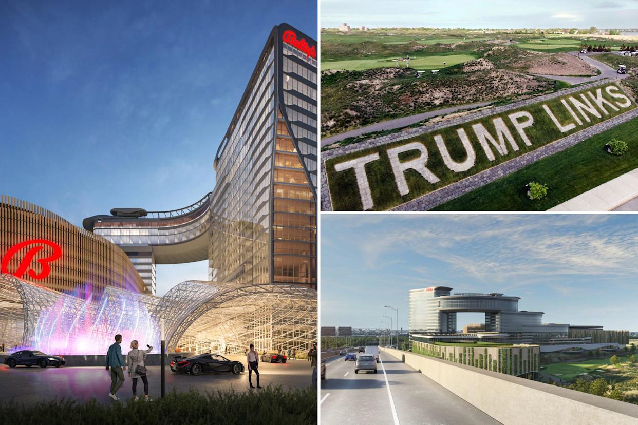 An image collage containing 3 images, Image 1 shows Rendering's show it will feature a roughly 500,000-square-foot gaming hall, a 500-room hotel and a 2,000-seat entertainment venue alongside the existing 18-hole golf course, Image 2 shows Nearly 20 acres of waterfront parkland in the Bronx tied to the former Trump-run Ferry Point golf course have been sold to a casino developer for about $156.6 million, according to newly filed city records, Image 3 shows The golf course, which opened in 2015 and was previously operated by the Trump Organization before its rights were sold in 2024, is now under the control of the casino developer as the project moves toward construction, pending final zoning approvals