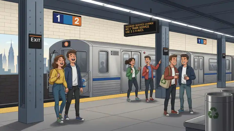 MTA subway train at platform with weekend service change notice displayed on digital sign
