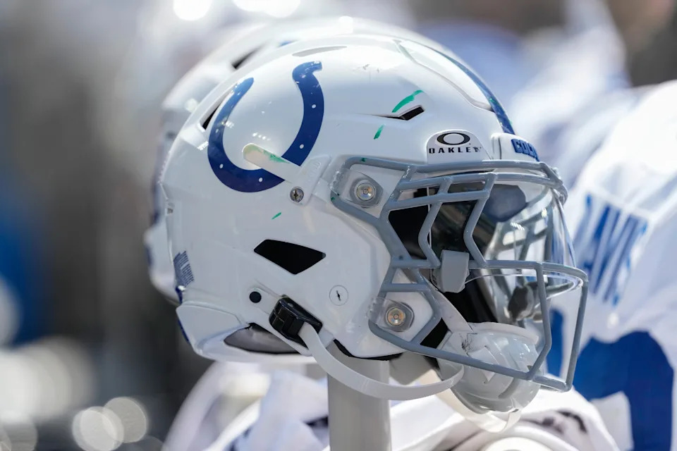 Sep 15, 2024; Green Bay, Wisconsin, USA; General view of Indianapolis Colts helmets during the game against the Green Bay Packers at Lambeau Field. Mandatory Credit: Jeff Hanisch-Imagn Images