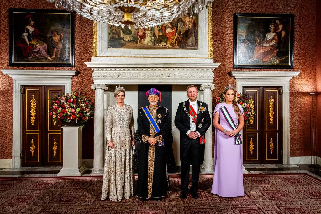 Queen Maxima of The Netherlands, Sultan Haitham bin Tarik, King Willem-Alexander of The Netherlands and Princess Amalia of The Netherlands attend a state banquet 