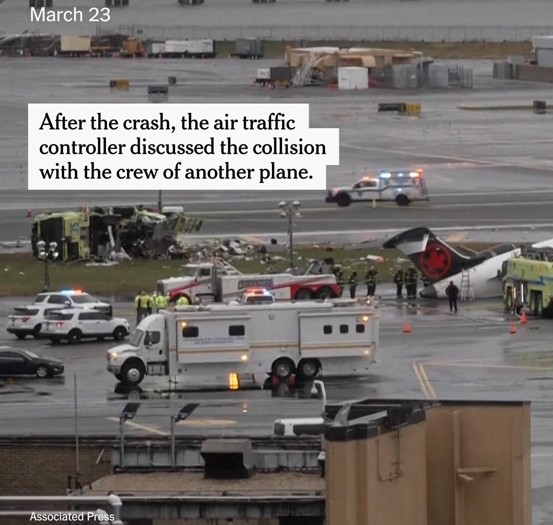 Air traffic controllers at New York’s LaGuardia Airport may have been distracted at the time of a runway collision that killed the two pilots of an Air Canada plane on Sunday night, according to a recording of audio from the air traffic tower that has been reviewed by The New York Times. Investigators were working on Monday to determine how the jet and a Port Authority fire truck collided. The jet was landing and the fire truck had been responding to a separate incident on another plane. https://nyti.ms/4uNB8OC
