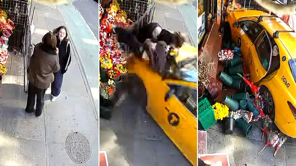 Surveillance video captures taxi striking pedestrians on Manhattan sidewalk.
