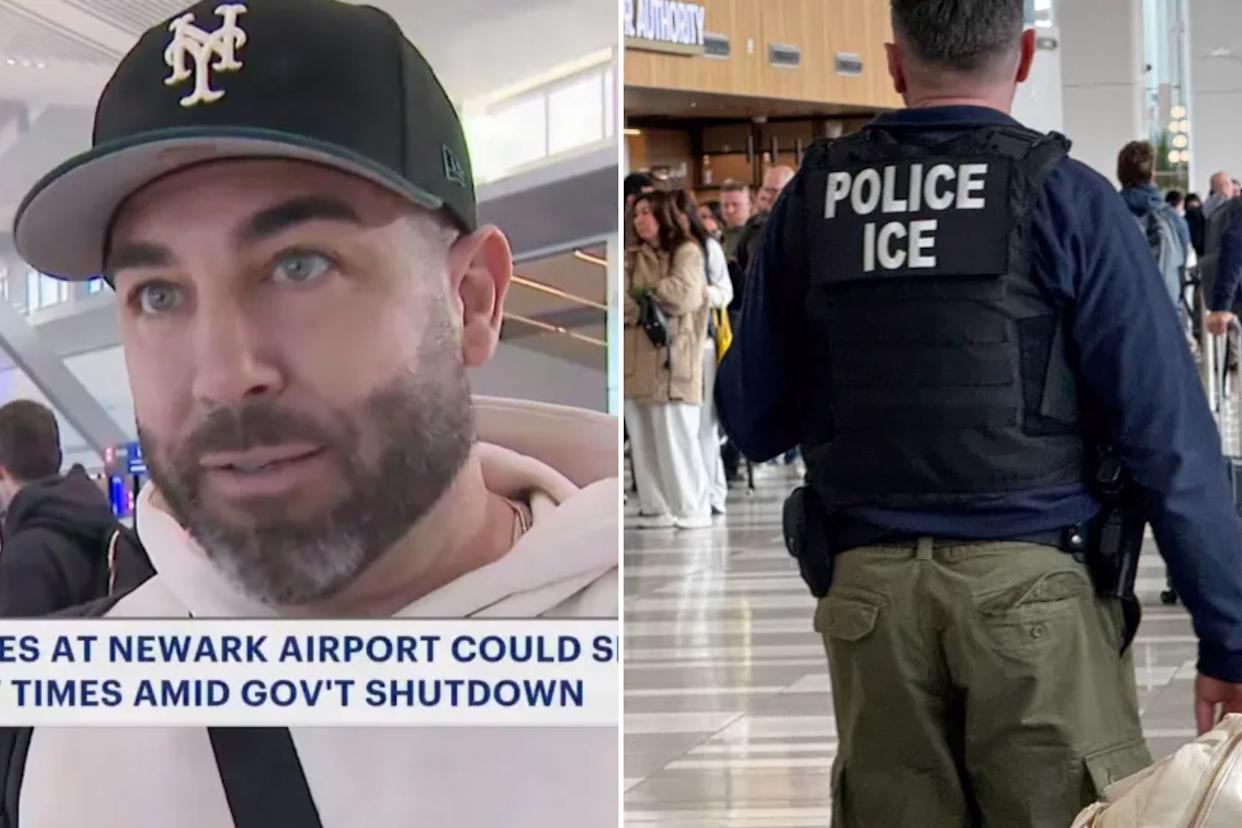 An image collage containing 2 images, Image 1 shows A man wearing a New York Mets baseball cap is interviewed at Newark Airport, with text indicating longer security wait times due to a government shutdown, Image 2 shows ICE officers in tactical vests stand in an airport terminal among a crowd of diverse travelers