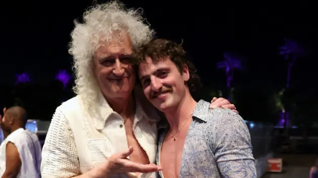 Brian May and Benson Boone pose backstage at the Coachella Stage during the 2025 Coachella Valley Music and Arts Festival at Empire Polo Club on April 11, 2025 in Indio, California. (Photo by Kevin Mazur/Getty Images for Coachella)