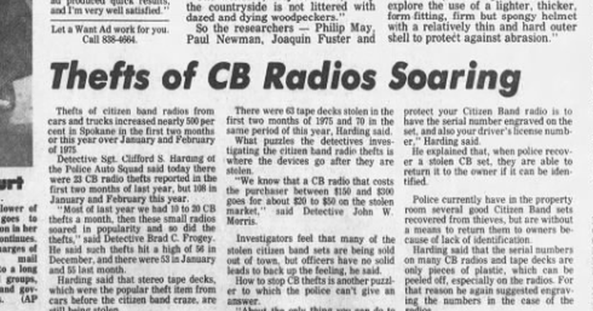 CB radio thefts grow 500% from previous year. Air mail gets a boost, now able to arrive in Spokane within 40 and a half hours from NYC