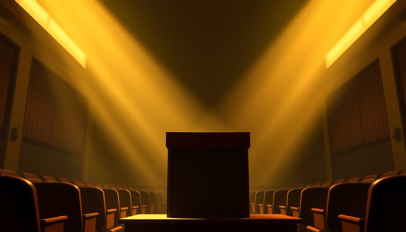 A dimly lit, cinematic painting of an empty podium or lectern in a community college auditorium, with warm sunlight and deep shadows creating a contemplative, nostalgic mood.