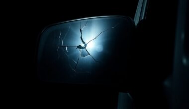 An extreme close-up photograph of a cracked and damaged side mirror from a garbage truck, conveying the stark, gritty aftermath of a fatal accident.